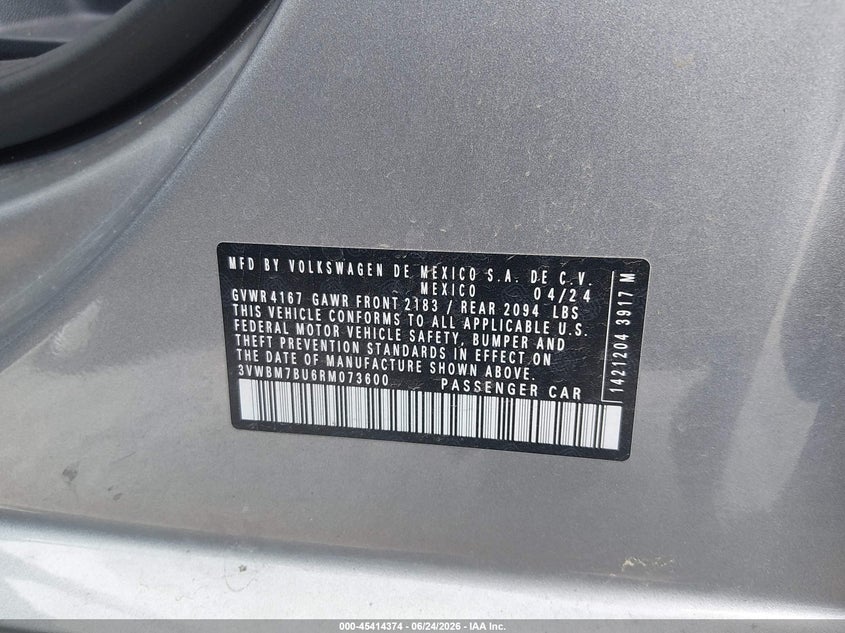 2024 Volkswagen Jetta VIN 3VWBM7BU6RM073600 IAAI salvage auction — REAR END, Salvage (Iowa), sold $10,650 on 2026-07-20 (photo 9)