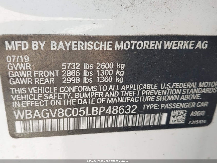 2020 BMW 8er VIN WBAGV8C05LBP48632 IAAI salvage auction — WATER/FLOOD, Salvage (Texas), sold $22,000 on 2026-07-20 (photo 9)