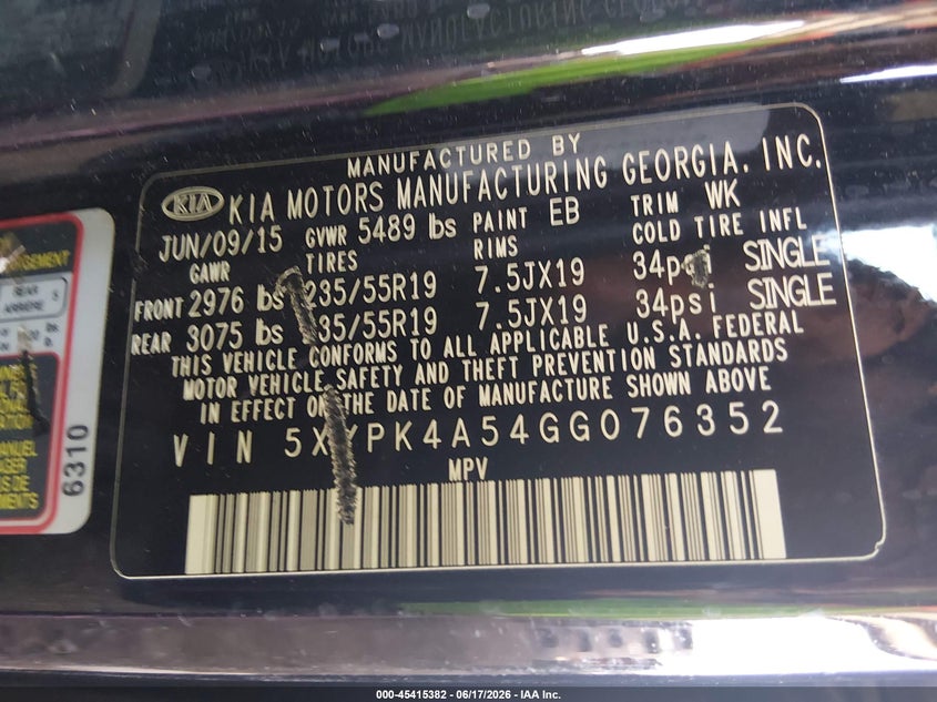 2016 Kia Sorento VIN 5XYPK4A54GG076352 IAAI salvage auction — RIGHT FRONT, Salvage Title, sold $575 on 2026-07-28 (photo 9)
