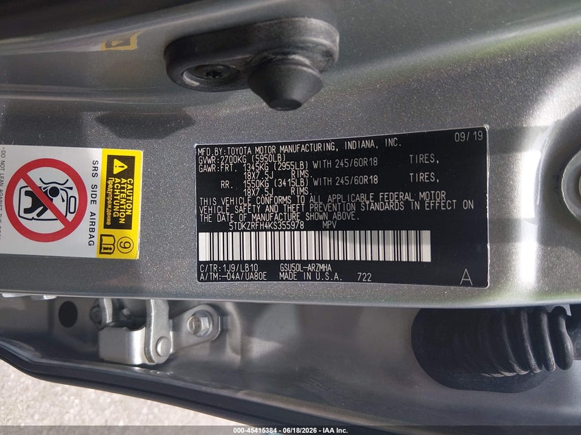 2019 Toyota Highlander VIN 5TDKZRFH4KS355978 IAAI salvage auction — FRONT END, Salvage (Louisiana), sold $8,800 on 2026-07-21 (photo 9)