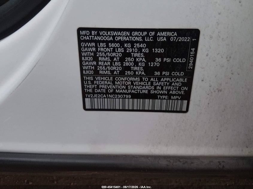 2022 Volkswagen Atlas cross sport VIN 1V2JE2CA1NC230799 IAAI salvage auction — FRONT END, Salvage Title, sold $8,050 on 2026-07-30 (photo 9)