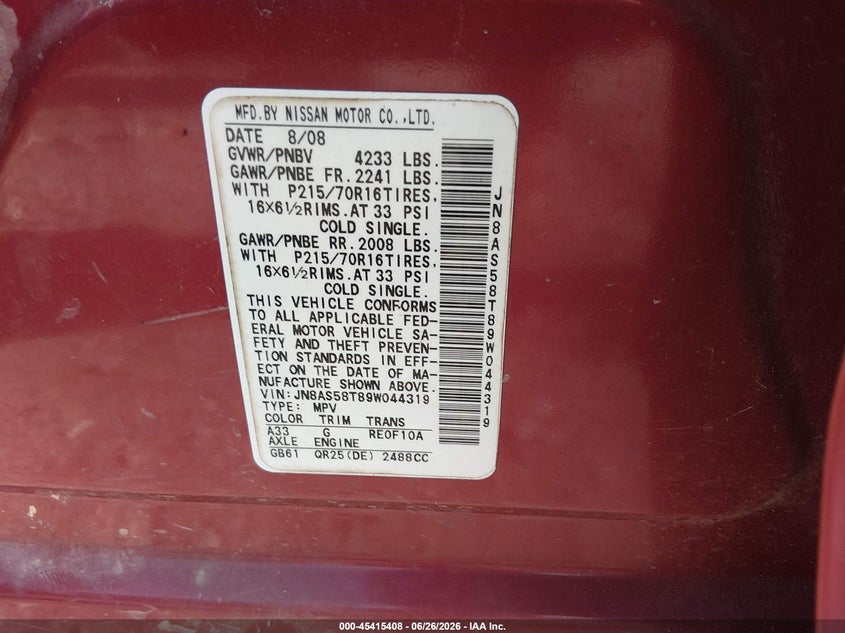 2009 Nissan Rogue VIN JN8AS58T89W044319 IAAI salvage auction — LEFT SIDE, Salvage (Louisiana), sold $225 on 2026-07-21 (photo 9)