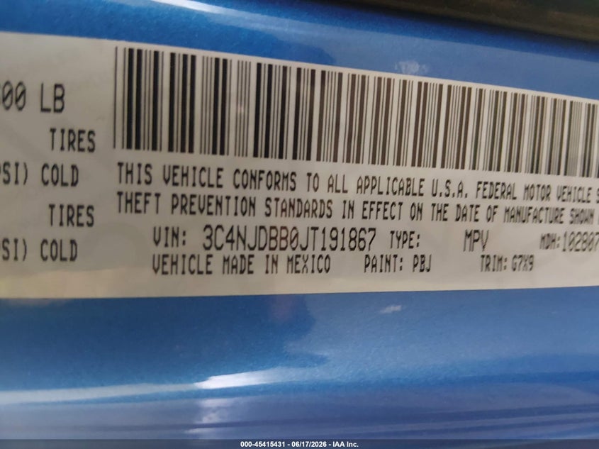 2018 Jeep Compass VIN 3C4NJDBB0JT191867 IAAI salvage auction — REAR END, Salvage (Colorado), sold $1,950 on 2026-07-31 (photo 9)