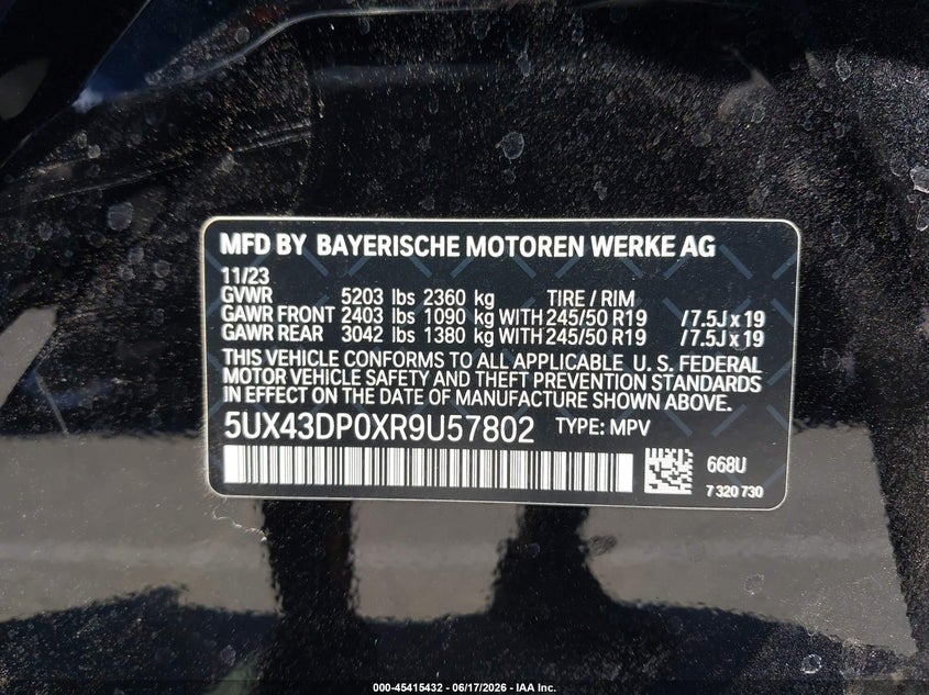 2024 BMW X3 VIN 5UX43DP0XR9U57802 IAAI salvage auction — REAR END, Salvage Title, sold $15,100 on 2026-07-16 (photo 9)