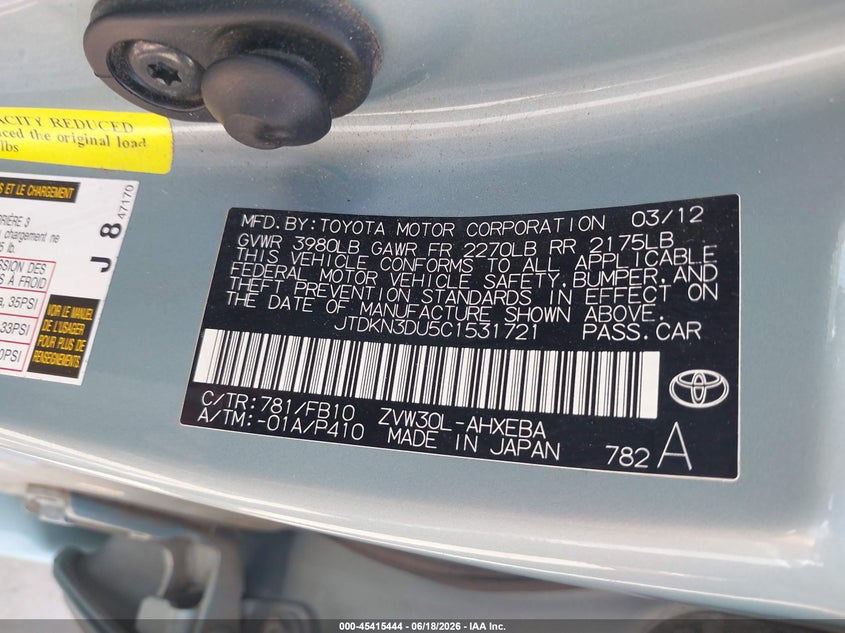 2012 Toyota Prius VIN JTDKN3DU5C1531721 IAAI salvage auction — NORMAL WEAR, Original (Texas), sold $2,150 on 2026-07-20 (photo 9)