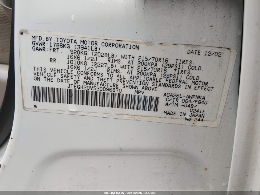2003 Toyota Rav4 VIN JTEGH20V530096870 IAAI salvage auction — NORMAL WEAR, Clear (Massachusetts), sold $325 on 2026-07-22 (photo 9)