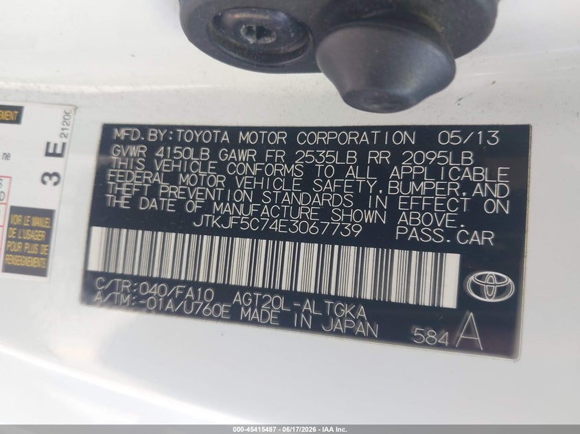 2014 Scion Tc VIN JTKJF5C74E3067739 IAAI salvage auction — REAR END, Salvage (California), sold $775 on 2026-07-07 (photo 9)