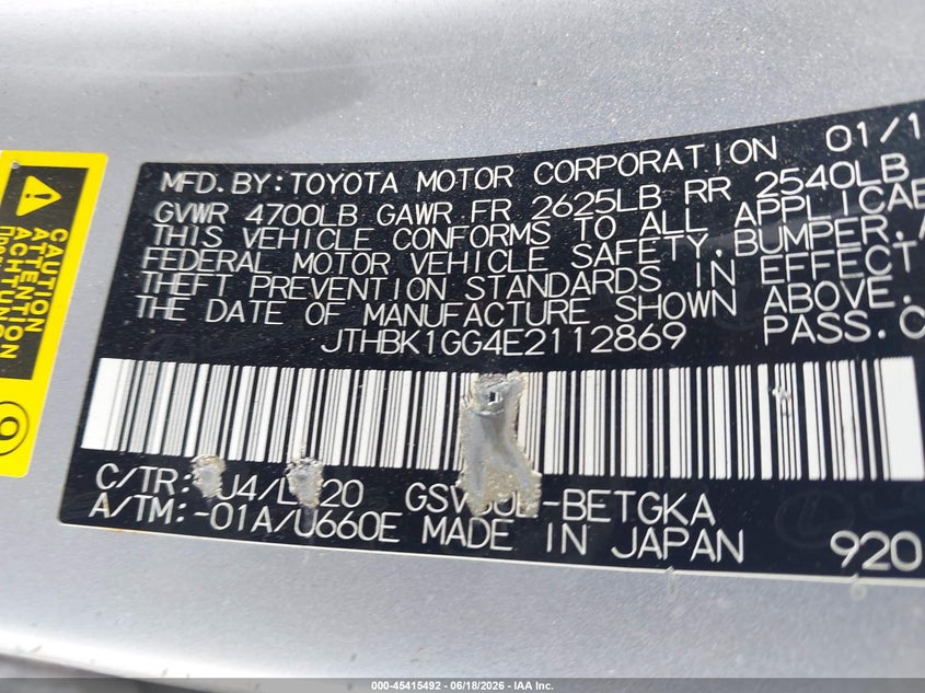 2014 Lexus ES VIN JTHBK1GG4E2112869 IAAI salvage auction — RIGHT FRONT, Salvage (Texas), sold $2,050 on 2026-07-28 (photo 9)