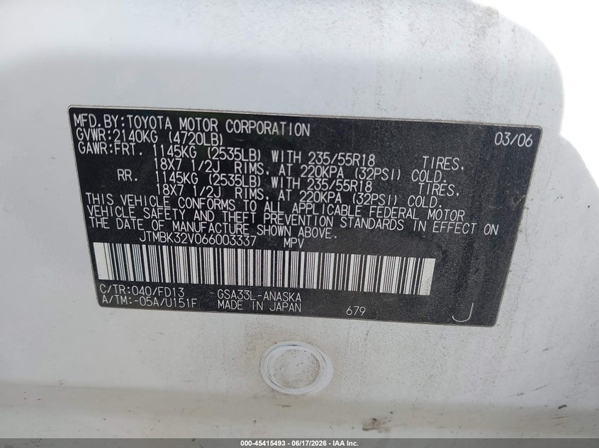 2006 Toyota Rav4 VIN JTMBK32V066003337 IAAI salvage auction — REAR END, Bill Of Sale (Washington), sold $625 on 2026-07-28 (photo 9)