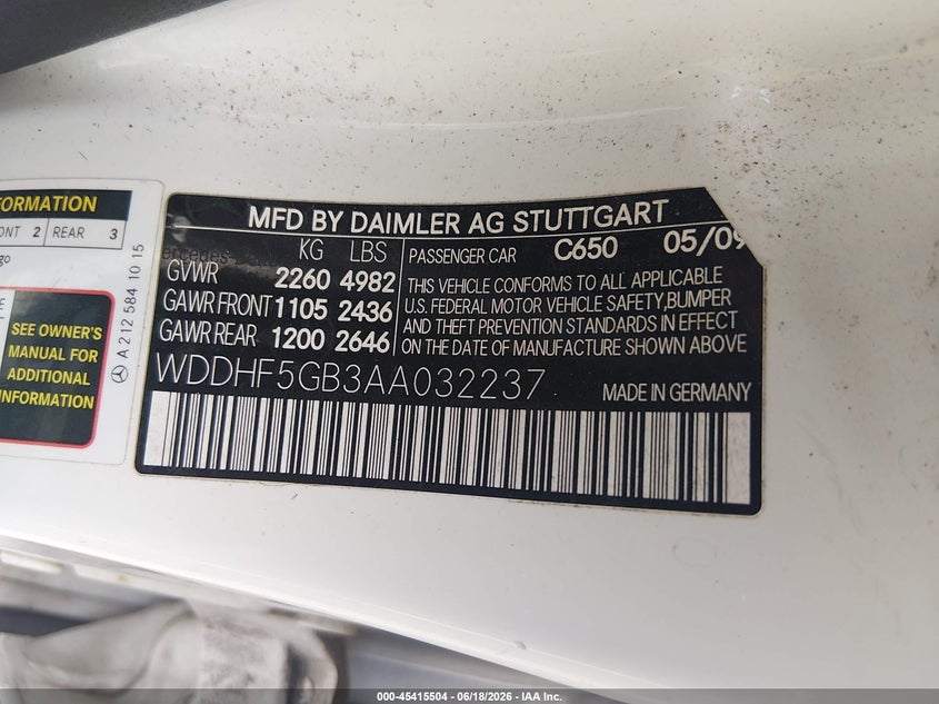 2010 Mercedes-benz E-klasse VIN WDDHF5GB3AA032237 IAAI salvage auction — FRONT END, Salvage (Louisiana), sold $1,350 on 2026-07-28 (photo 9)