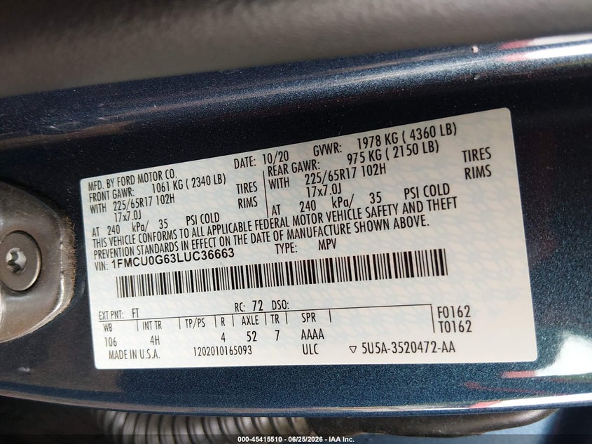2020 Ford Escape VIN 1FMCU0G63LUC36663 IAAI salvage auction — FRONT & REAR, Salvage (Arizona), sold $2,650 on 2026-07-27 (photo 9)