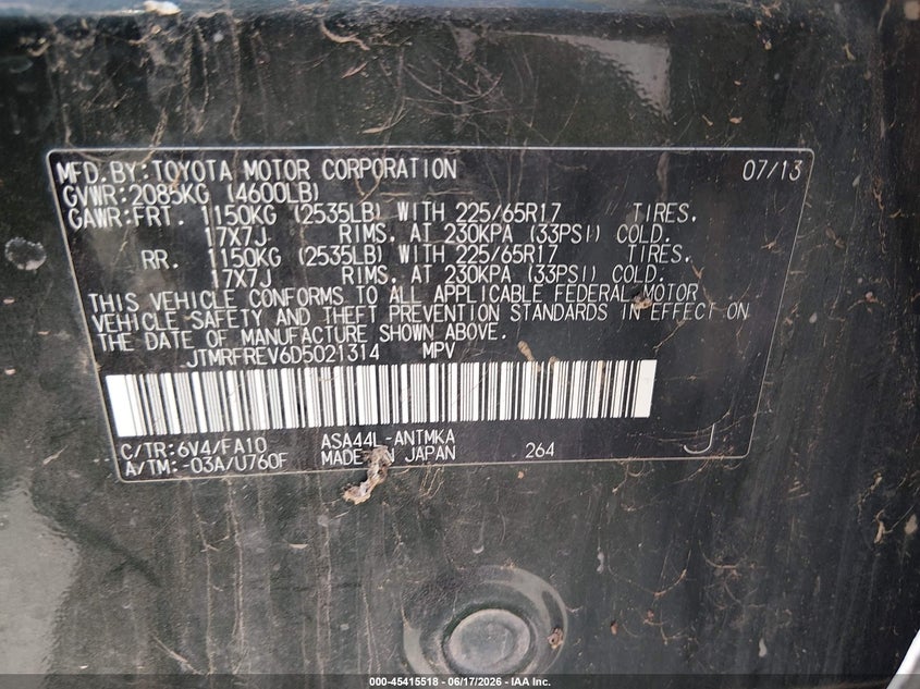 2013 Toyota Rav 4 VIN JTMRFREV6D5021314 IAAI salvage auction — NORMAL WEAR, Clear (Kansas), sold $3,300 on 2026-07-29 (photo 9)