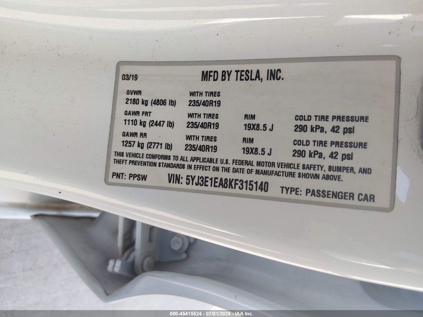 2019 Tesla Model 3 VIN 5YJ3E1EA8KF315140 IAAI salvage auction — FRONT END, Original (Texas), sold $4,650 on 2026-07-29 (photo 9)