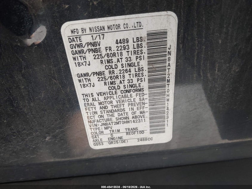 2017 Nissan Rogue VIN JN8AT2MT0HW142311 IAAI salvage auction — RIGHT FRONT, Clear (Arkansas), sold $2,175 on 2026-07-22 (photo 9)