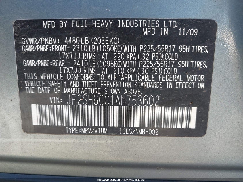 2010 Subaru Forester VIN JF2SH6CC1AH753602 IAAI salvage auction — NORMAL WEAR, Clear (Washington), sold $475 on 2026-07-22 (photo 9)