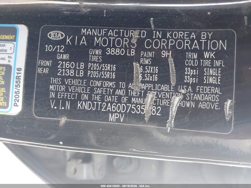 2013 Kia Soul VIN KNDJT2A60D7535482 IAAI salvage auction — NORMAL WEAR, Clear - Dealer Only (California), sold $525 on 2026-07-09 (photo 9)