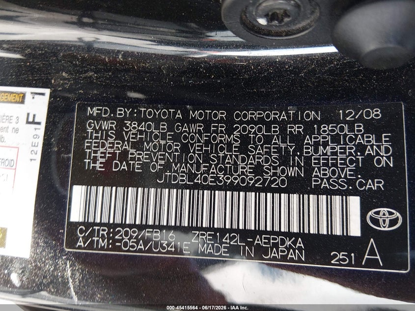 2009 Toyota Corolla VIN JTDBL40E399092720 IAAI salvage auction — NORMAL WEAR, Salvage (California), sold $575 on 2026-07-09 (photo 9)