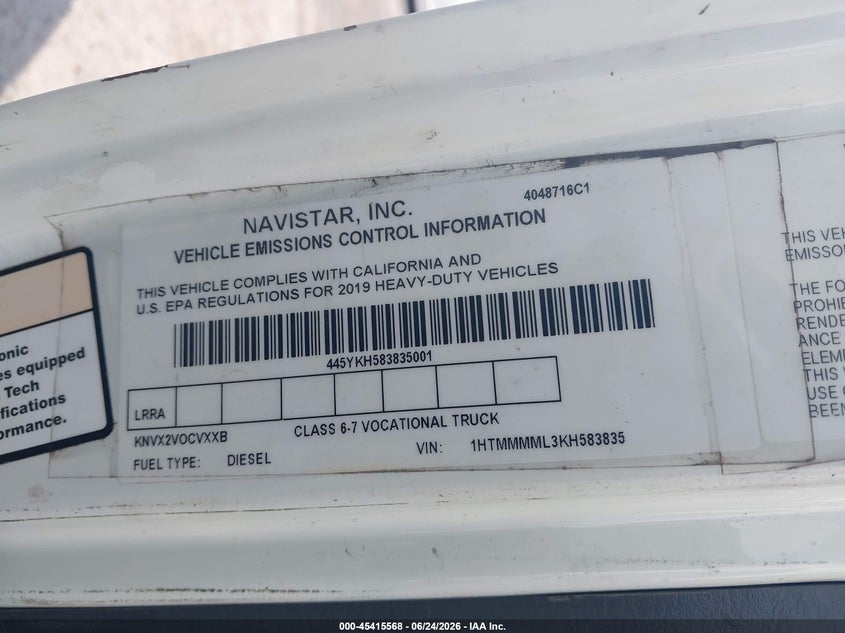 2019 International VIN 1HTMMMML3KH583835 IAAI salvage auction — REAR END, Salvage Title, sold $5,775 on 2026-09-16 (photo 8)