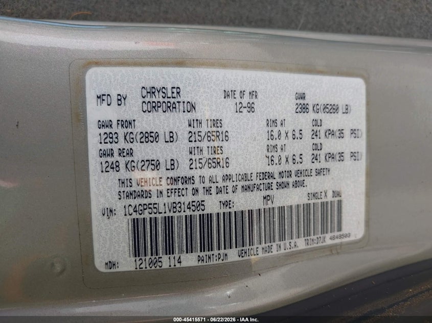 1997 Chrysler Town & country VIN 1C4GP55L1VB314505 IAAI salvage auction — FRONT & REAR, Clear-Dealer Only (Oregon), sold $325 on 2026-07-09 (photo 9)