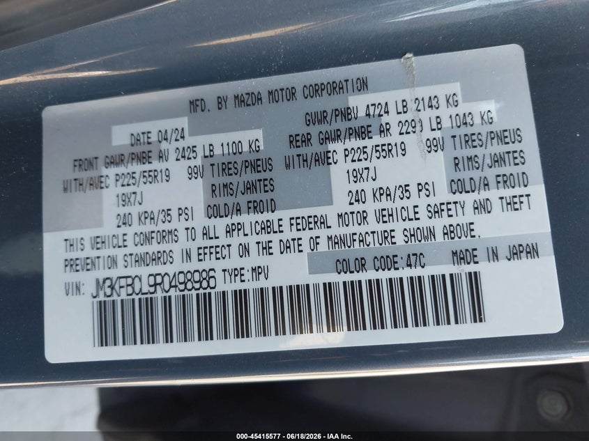 2024 Mazda Cx-5 VIN JM3KFBCL9R0498986 IAAI salvage auction — RIGHT REAR, Salvage Title, sold $5,900 on 2026-07-27 (photo 9)