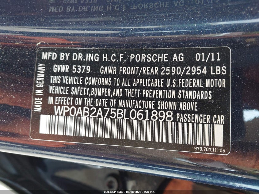 2011 Porsche Panamera VIN WP0AB2A75BL061898 IAAI salvage auction — FRONT END, Salvage (Pennsylvania), sold $2,950 on 2026-07-24 (photo 9)