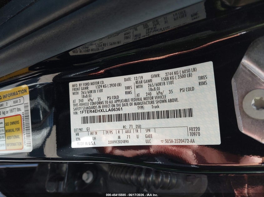 2020 Ford Ranger VIN 1FTER4EHXLLA06361 IAAI salvage auction — FRONT END, Salvage Title, sold $7,300 on 2026-07-12 (photo 9)
