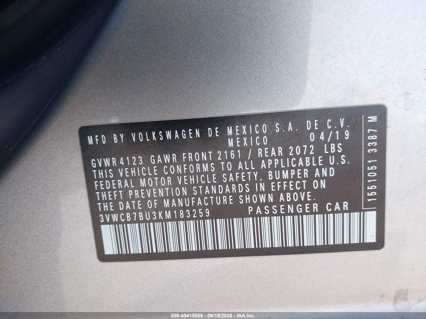 2019 Volkswagen Jetta VIN 3VWCB7BU3KM183259 IAAI salvage auction — REAR END, Salvage Title, sold $4,500 on 2026-08-02 (photo 9)