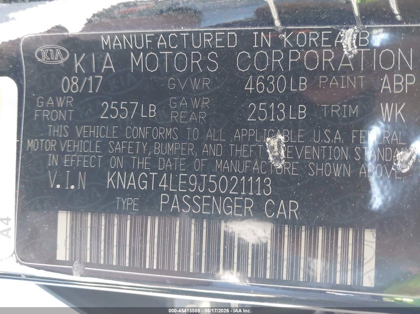 2018 Kia VIN KNAGT4LE9J5021113 IAAI salvage auction — FRONT END, Salvage Title, sold $1,850 on 2026-08-02 (photo 9)