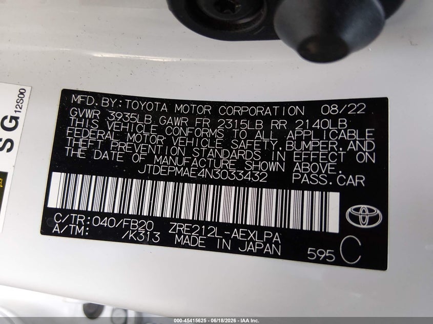 2022 Toyota Corolla VIN JTDEPMAE4N3033432 IAAI salvage auction — SIDE, Salvage Title, sold $2,650 on 2026-08-01 (photo 9)