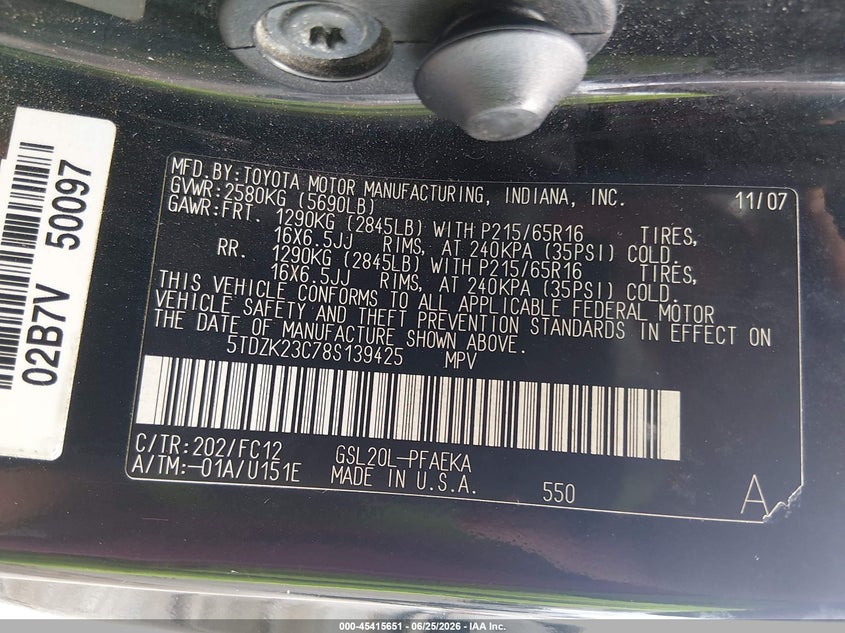 2008 Toyota Sienna VIN 5TDZK23C78S139425 IAAI salvage auction — RIGHT SIDE, Salvage (Mississippi), sold $500 on 2026-07-17 (photo 9)