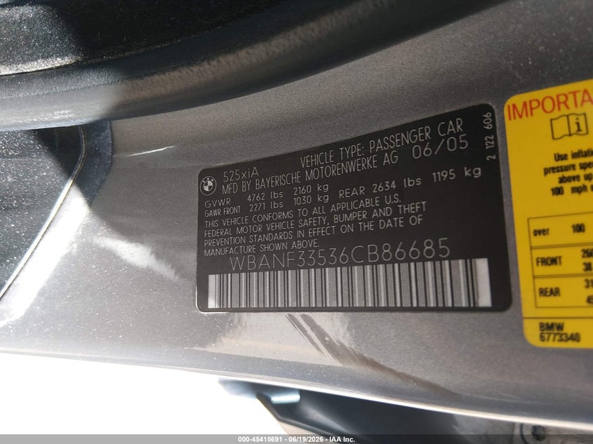 2006 BMW 5er VIN WBANF33536CB86685 IAAI salvage auction — NORMAL WEAR, Clear (Colorado), sold $300 on 2026-07-07 (photo 9)