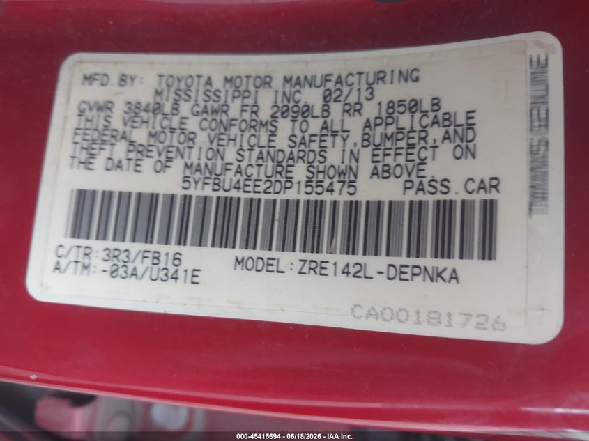 2013 Toyota Corolla VIN 5YFBU4EE2DP155475 IAAI salvage auction — NORMAL WEAR, Clear (Alabama), sold $900 on 2026-07-29 (photo 9)