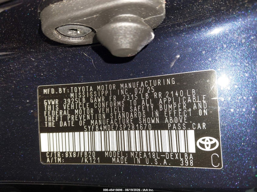 2025 Toyota Corolla VIN 5YFB4MDE7SP281670 IAAI salvage auction — WATER/FLOOD, Salvage (Texas), sold $10,100 on 2026-07-16 (photo 9)
