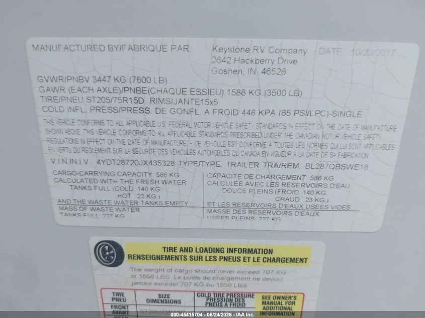 2018 Keystone rv Bullet VIN 4YDT28720JX435328 IAAI salvage auction — REAR END, Bill Of Sale (Washington), sold $7,050 on 2026-07-08 (photo 9)