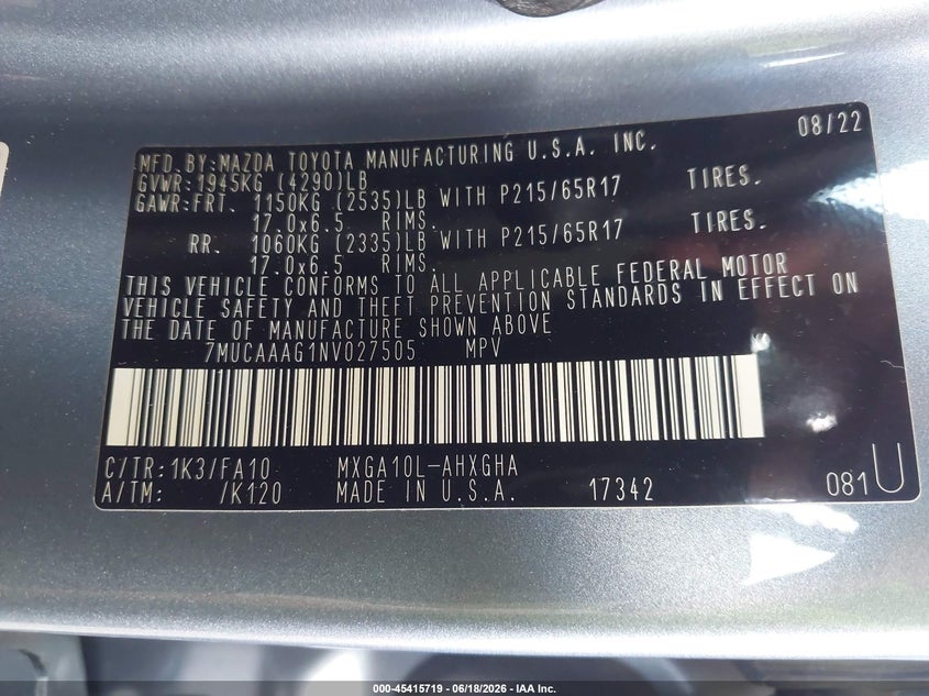 2022 Toyota Corolla cross VIN 7MUCAAAG1NV027505 IAAI salvage auction — RIGHT SIDE, Salvage Title, sold $4,450 on 2026-07-22 (photo 9)
