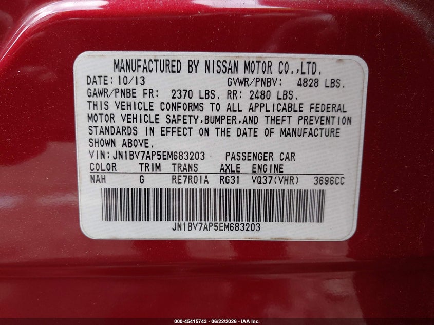 2014 Infiniti Q50 VIN JN1BV7AP5EM683203 IAAI salvage auction — LEFT FRONT, Salvage (Virginia), sold $3,450 on 2026-07-09 (photo 9)