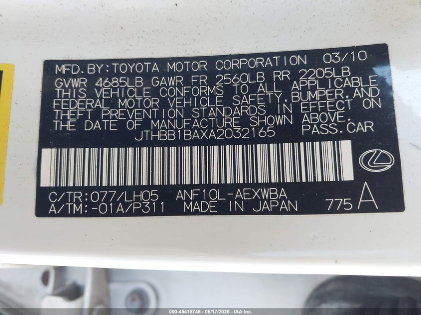 2010 Lexus Hs 250h VIN JTHBB1BAXA2032165 IAAI salvage auction — NORMAL WEAR, Clear (Florida), sold $975 on 2026-07-28 (photo 9)