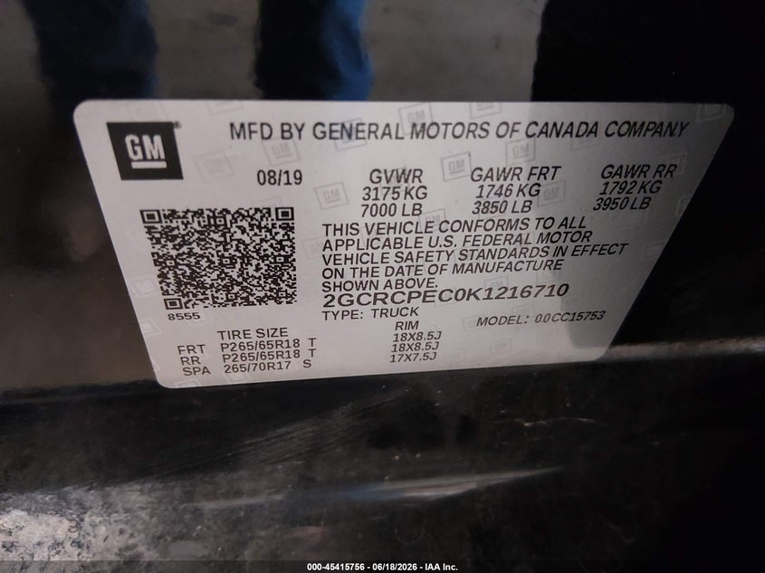 2019 Chevrolet Silverado VIN 2GCRCPEC0K1216710 IAAI salvage auction — REPOSSESSION, Salvage Title, sold $6,973 on 2026-08-03 (photo 9)