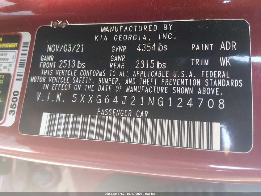 2022 Kia K5 VIN 5XXG64J21NG124708 IAAI salvage auction — NORMAL WEAR, Salvage (Ohio), sold $3,275 on 2026-07-08 (photo 9)