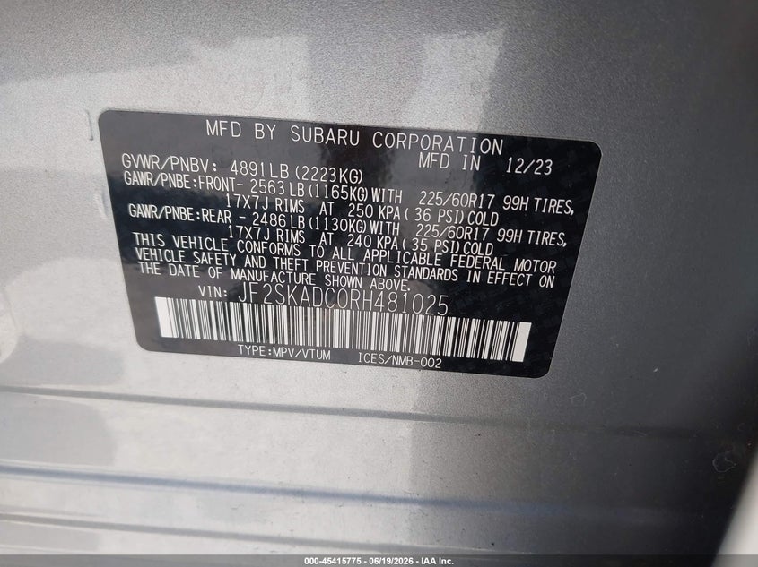 2024 Subaru Forester VIN JF2SKADC0RH481025 IAAI salvage auction — FRONT END, Mv-907A (New York), sold $3,025 on 2026-07-28 (photo 9)