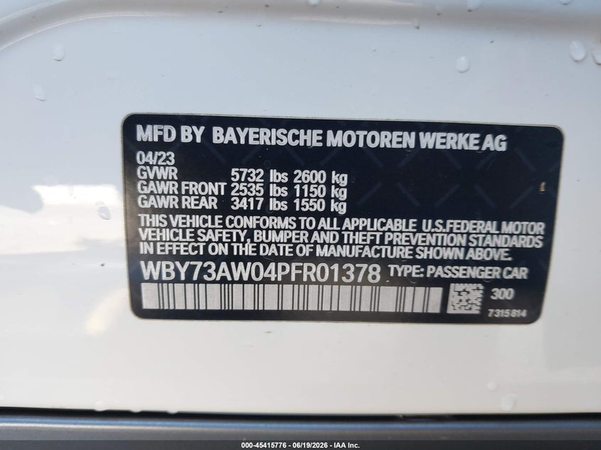 2023 BMW I4 VIN WBY73AW04PFR01378 IAAI salvage auction — RIGHT FRONT, Salvage Title, sold $12,500 on 2026-08-01 (photo 9)