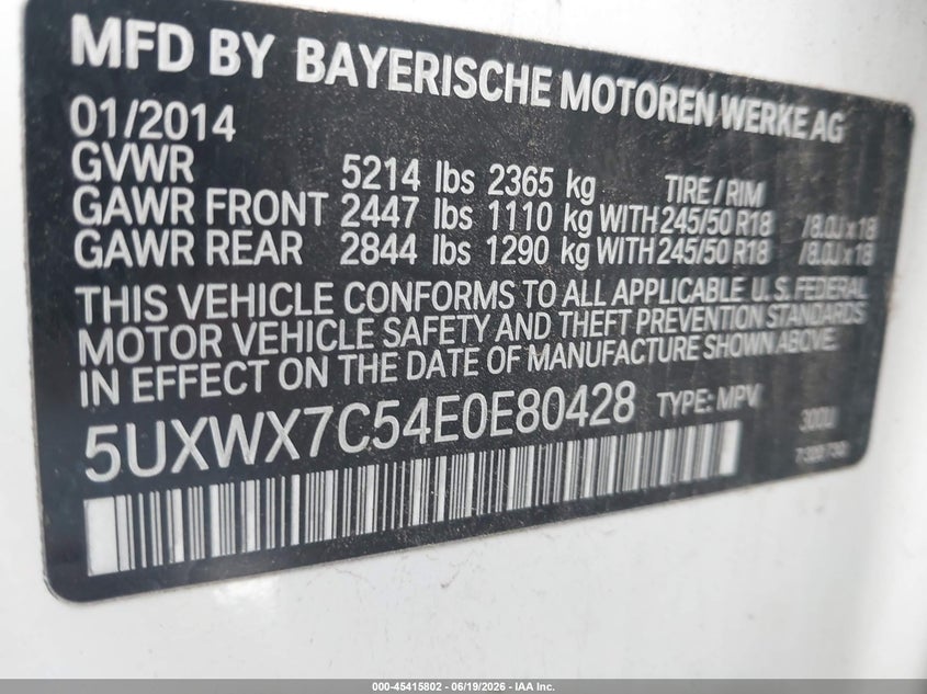 2014 BMW X3 VIN 5UXWX7C54E0E80428 IAAI salvage auction — FRESH WATER, Salvage (California), sold $725 on 2026-07-24 (photo 9)