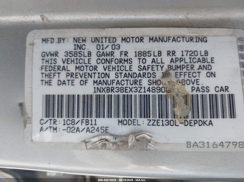 2003 Toyota Corolla VIN 1NXBR38EX3Z148908 IAAI salvage auction — FRONT END, Salvage (California), sold $275 on 2026-07-09 (photo 9)