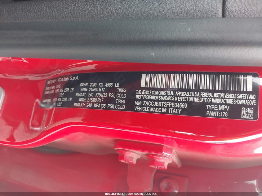 2015 Jeep Renegade VIN ZACCJBBT2FPB34699 IAAI salvage auction — FRONT END, Salvage Title, sold $850 on 2026-07-16 (photo 9)