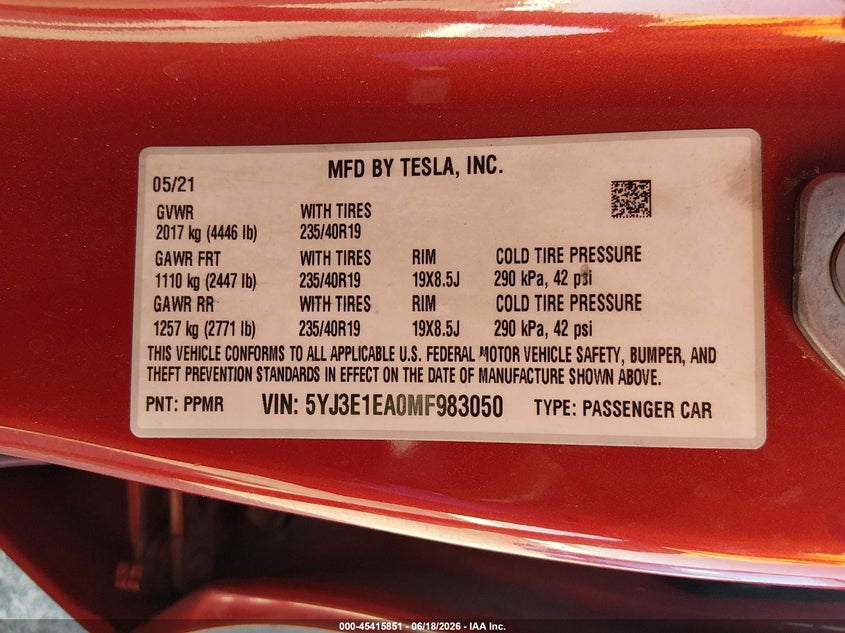 2021 Tesla Model 3 VIN 5YJ3E1EA0MF983050 IAAI salvage auction — FRONT END, Salvage Title, sold $7,600 on 2026-07-31 (photo 9)