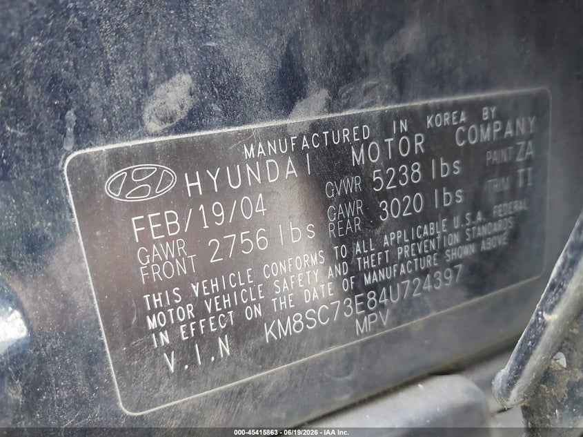 2004 Hyundai Santa fe VIN KM8SC73E84U724397 IAAI salvage auction — RIGHT SIDE, Bill Of Sale (Washington), sold $300 on 2026-07-08 (photo 9)