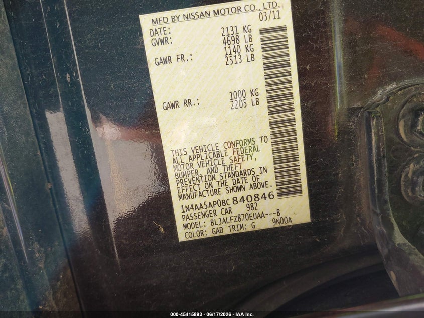 2011 Nissan Maxima VIN 1N4AA5AP0BC840846 IAAI salvage auction — NORMAL WEAR, Clear (Texas), sold $375 on 2026-07-09 (photo 9)