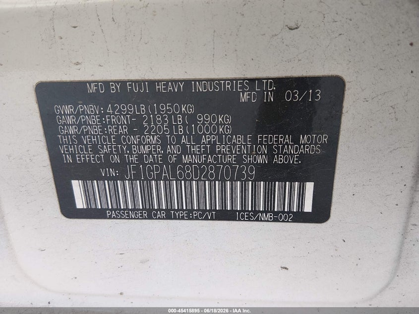 2013 Subaru Impreza VIN JF1GPAL68D2870739 IAAI salvage auction — REAR END, Bill Of Sale (Washington), sold $1,350 on 2026-07-05 (photo 9)