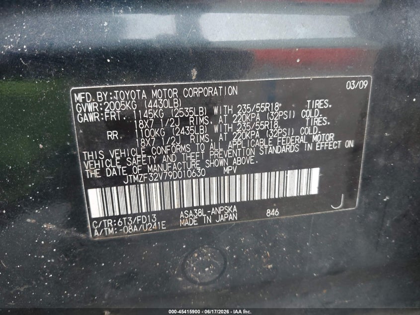 2009 Toyota Rav4 VIN JTMZF32V79D010630 IAAI salvage auction — NORMAL WEAR, Clear (Alabama), sold $1,000 on 2026-07-17 (photo 9)
