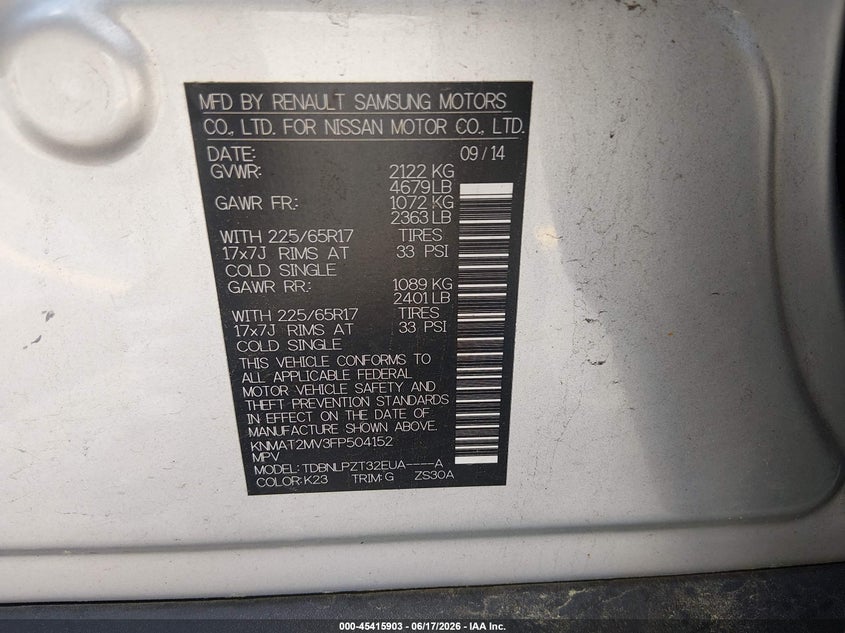 2015 Nissan Rogue VIN KNMAT2MV3FP504152 IAAI salvage auction — NORMAL WEAR, Clear (New Jersey), sold $625 on 2026-08-22 (photo 9)